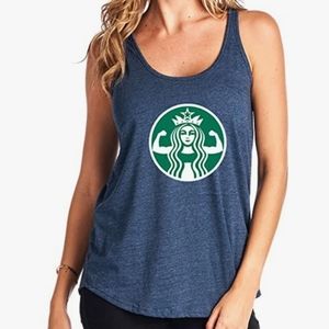 Blue Tank Top Size Medium Coffee Mermaid Muscles Made in USA Love Starbucks